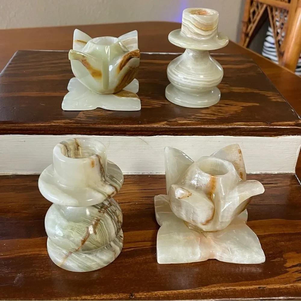Vintage Set of 4 Elegant Onyx Candle Holders Green Cream Tan